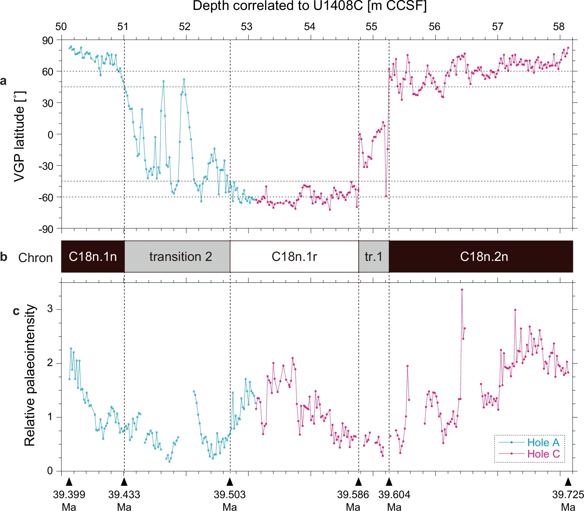 Composite VGP and RPI record with interpreted geomagnetic polarity chrons.