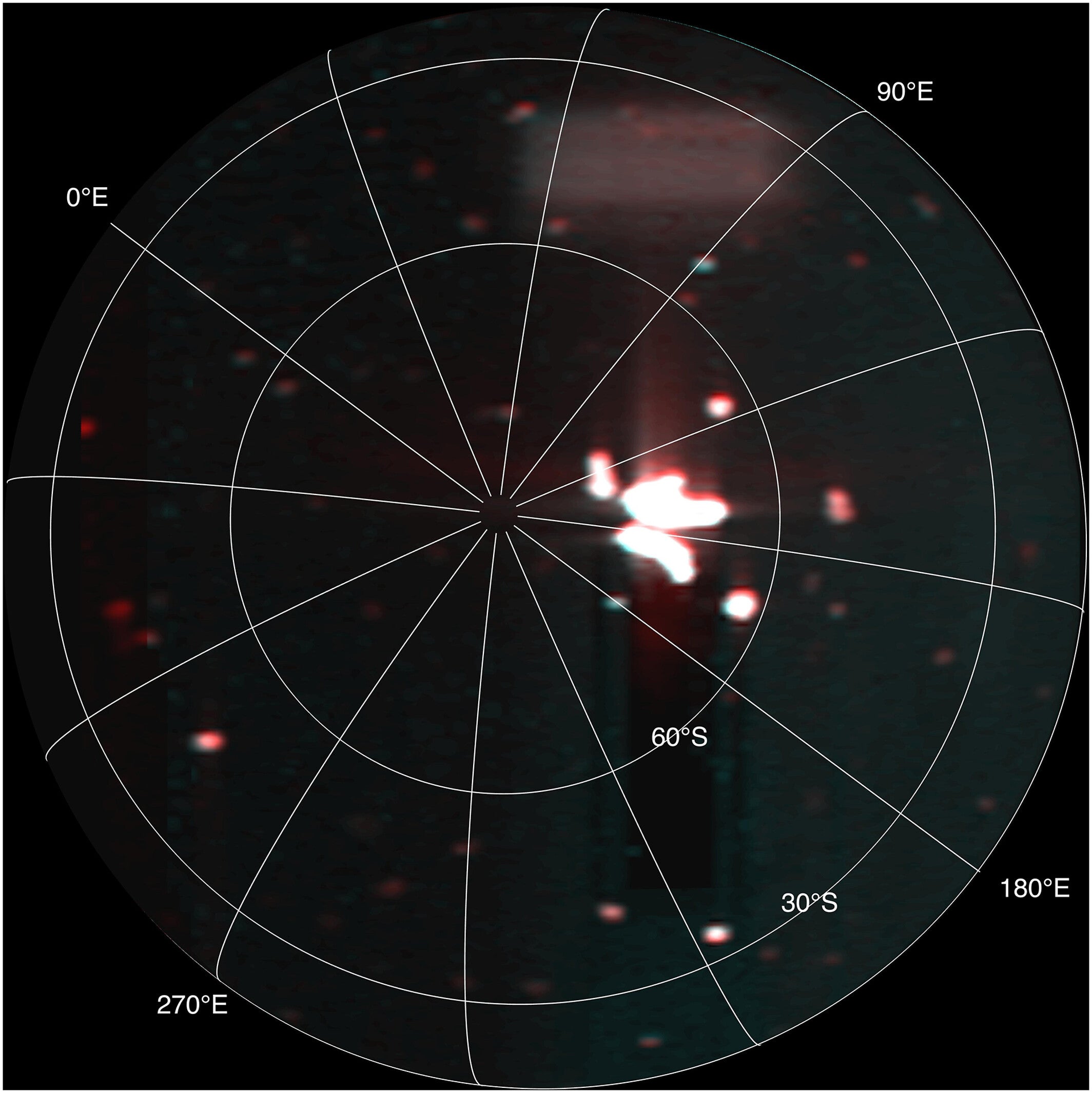 A massive hotspot — larger the Earth’s Lake Superior — can be seen just to the right of Io’s south pole in this annotated image taken by the JIRAM infrared imager aboard NASA’s Juno on Dec. 27, 2024, during the spacecraft’s flyby of the Jovian moon.