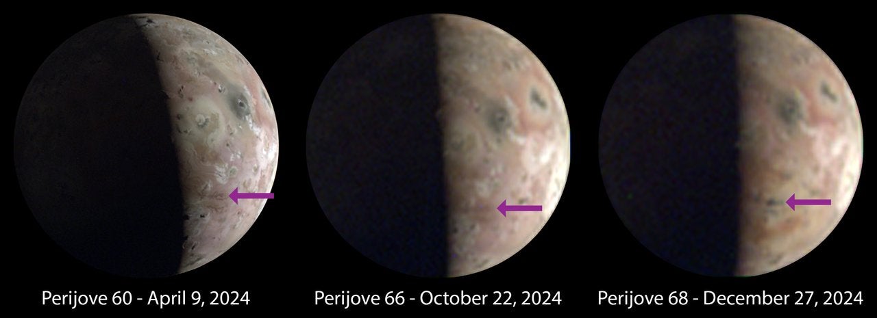 Images of Io captured in 2024 by the JunoCam imager aboard NASA’s Juno show significant and visible surface changes (indicated by the arrows) near the Jovian moon’s south pole. These changes occurred between the 66th and 68th perijove, or the point during Juno’s orbit when it is closest to Jupiter.