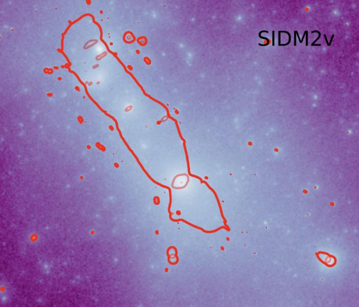 Projected dark matter density distribution and the induced strong lensing critical curves in a two-component self-interacting dark matter model.