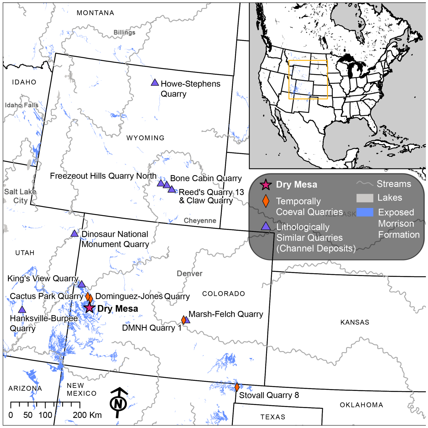 Dry Mesa study area overview with temporally coeval quarries indicated with orange rhombuses (modified from Turner and Peterson, 1999). Mapping resources from Natural Earth, U.S. Census Bureau, ESRI, TomTom, FAO, NOAA, USGS/USGS Mineral Database, Garmin, EPA, and USFWS.