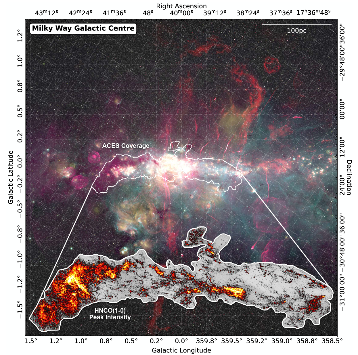 Finding the chart for the Galactic Center. A color composite of the 4.5µm (white) and 8µm (green) emission from the Spitzer GLIMPSE survey (Churchwell et al. 2009),24µm (yellow)emission from the Spitzer MIPSGAL survey (Carey et al. 2009), and 20cm (red) emission observed by MeerKAT (Heywood et al. 2019, 2022) and the Green Bank Telescope (GBT; Law et al. 2008).
