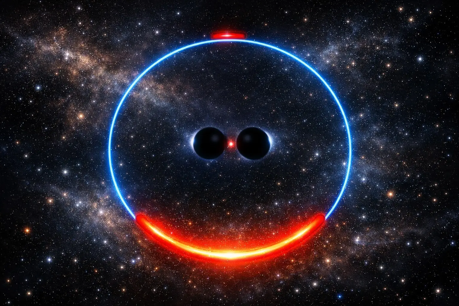 Artistic impression of gravitationally lensed starlight (orange) by a supermassive black hole binary. The Einstein ring is shown in blue.