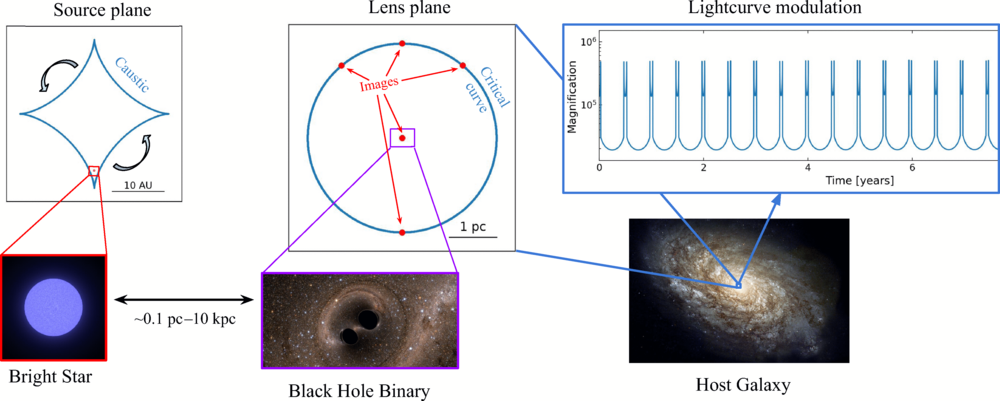 Quasiperiodic lensing of starlight: a bright star (left) is highly magnified by a binary supermassive black hole binary (center)