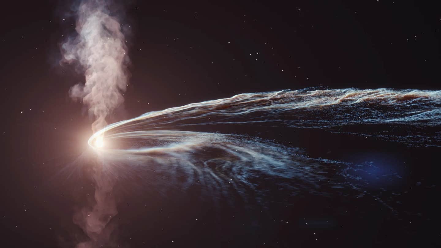 Artist's concept of a black hole drawing material and emitting jets.