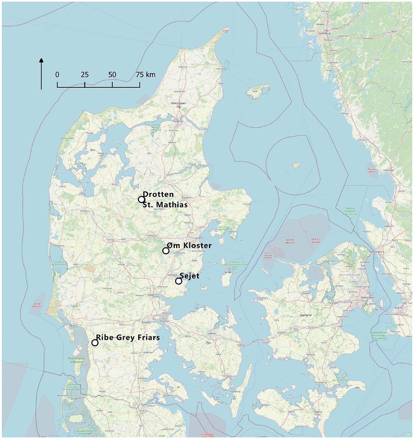 Map of Denmark showing locations of sites contributing skeletal material to this study. Map: Edited by Dorthe Dangvared Pedersen, OpenStreetMap and QGIS.