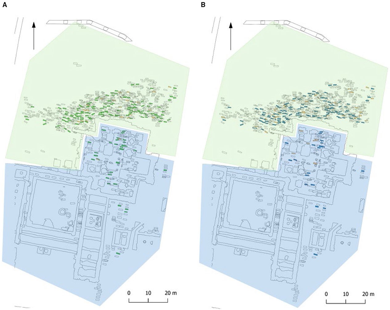 Maps of graves at Øm Kloster. (A) Graves with skeletons unaffected and affected by leprosy (white: not included, green: without pathology, orange: with pathology). (B) Graves with skeletons unaffected and affected by TB (white: not included, blue: without pathology, orange: with pathology). 