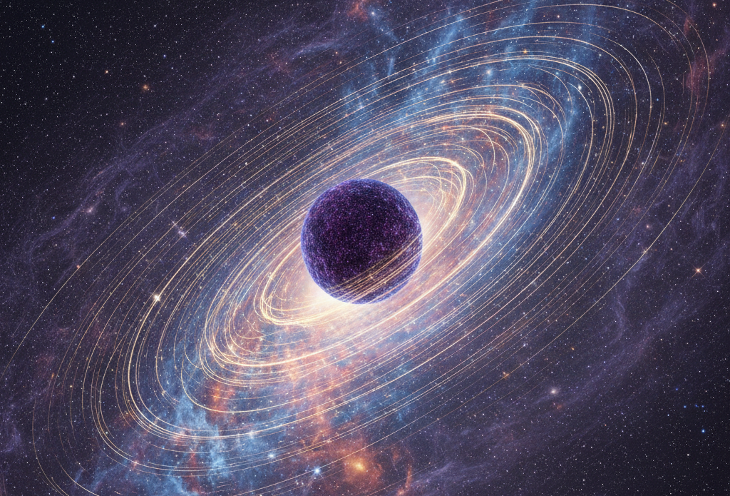 Artistic representation of the Milky Way, where the innermost stars move at near relativistic speeds (defined as velocities that constitute a significant fraction of the speed of light, typically considered to be 10% or more) around a dense core of dark matter, with no black hole at the center.