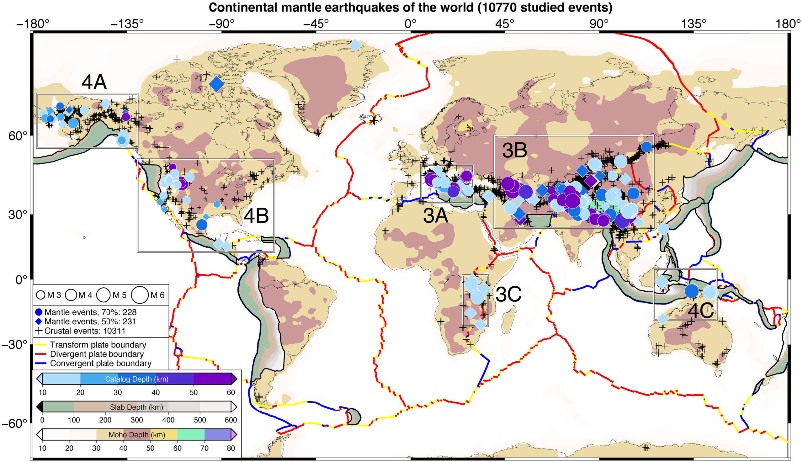 Global continental mantle earthquake (CME) distribution.