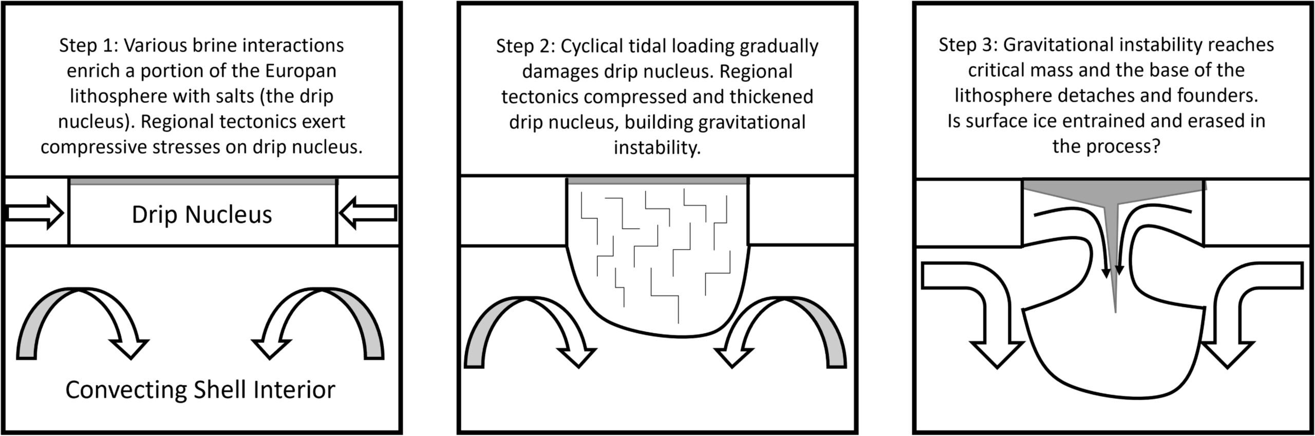Cartoon illustrating the conceptual model of a possible avenue toward triggering Rayleigh–Taylor delamination in a planetary ice shell. The gray shaded region of the drip nucleus represents surface ice that may be entrained into the shell.