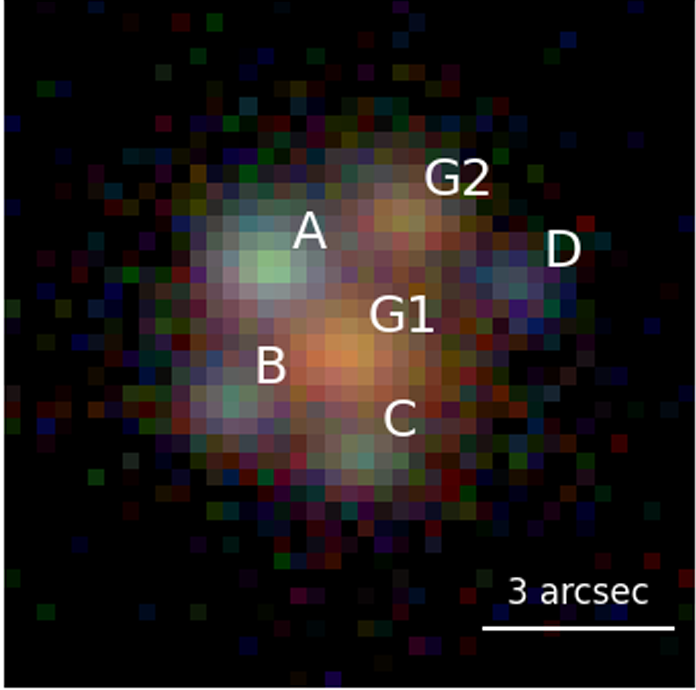 VRI-band colour composite of SN 2025wny obtained at the Maidanak Observatory. The four visible images of the SN are labelled by A, B, C and D (in order of decreasing brightness), and the two foreground deflector galaxies, by G1 and G2.