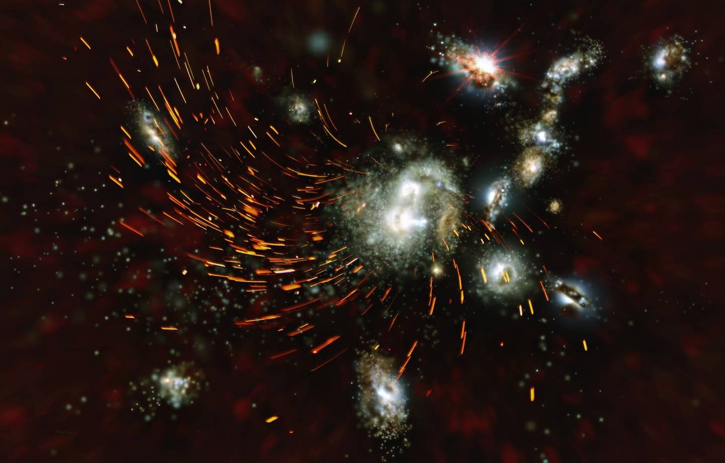 An artist’s rendering of protocluster SPT2349-56 captures clashing galaxies in varied shapes and sizes, with orange gas ripped apart and superheated by tidal forces.