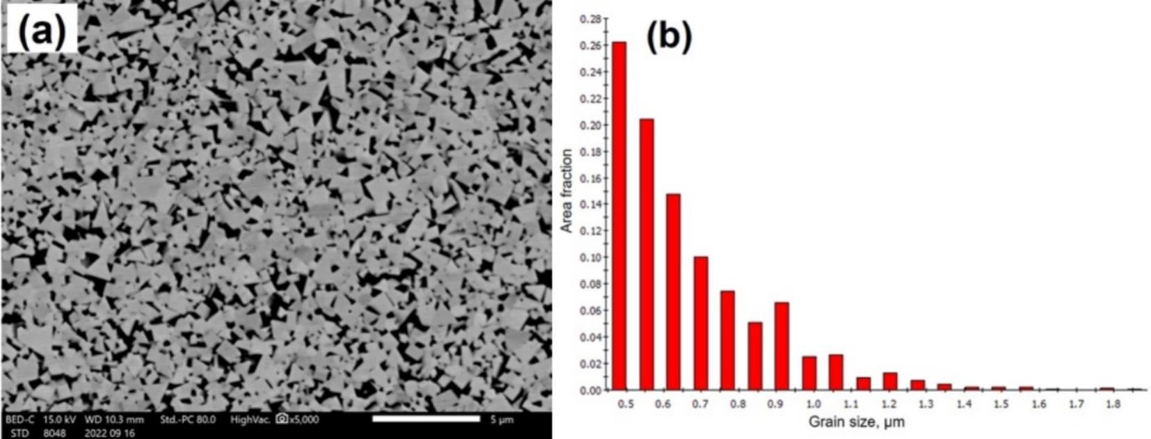 (a) SEM image of a sintered cemented carbide rod. (b) WC particle size distribution in the sintered cemented carbide rod.