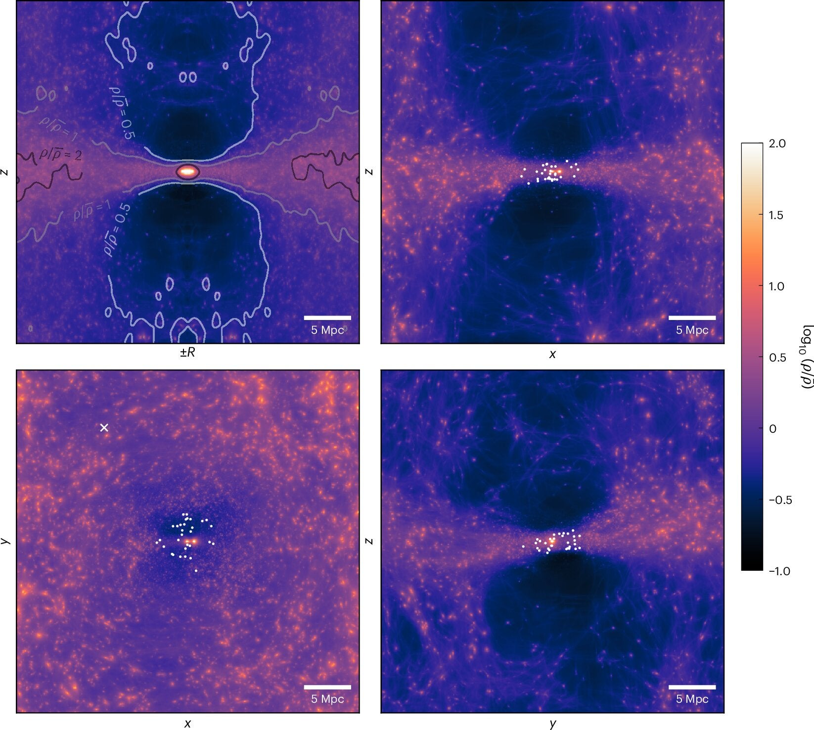 Various projections of the posterior mean density ρ of the constrained simulation ensemble, normalized by the cosmic mean density.