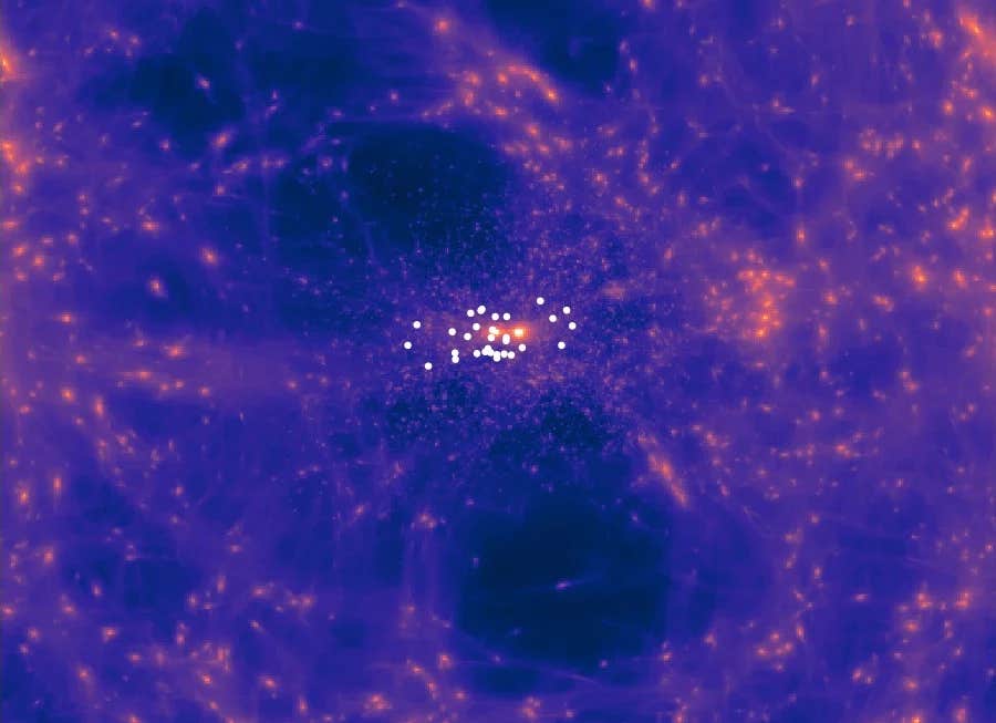 Simulations suggest dark matter near the Milky Way forms a vast sheet with voids above and below, explaining galaxy motions.