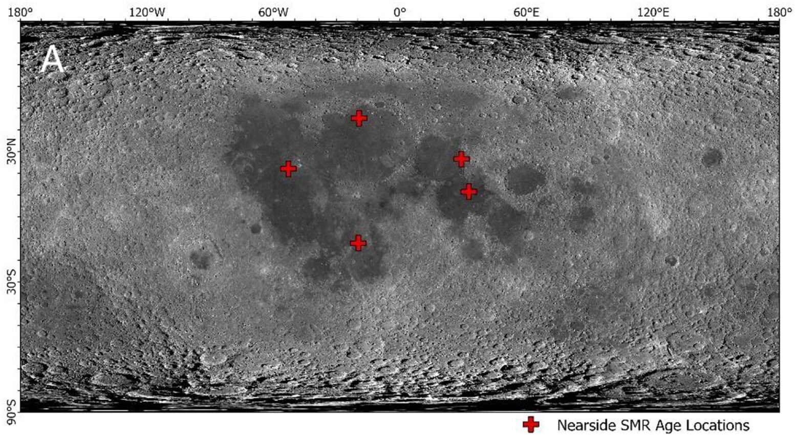 A global map of SMR age dating locations overlaid onto the LROC Wide Angle Camera (WAC) global mosaic.