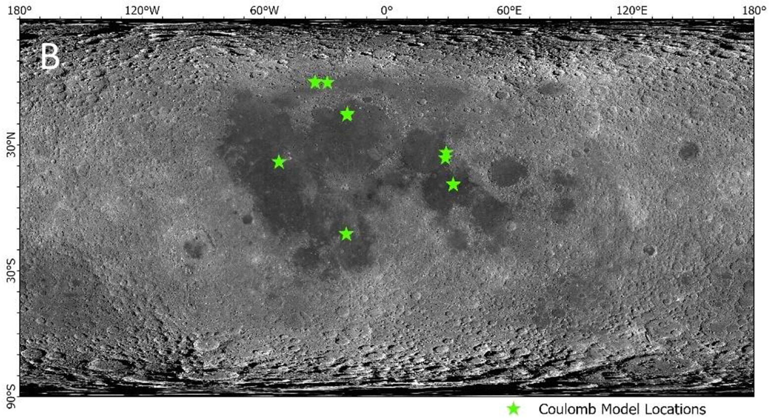 A global map of Coulomb model locations overlaid onto the LROC Wide Angle Camera (WAC) global mosaic.