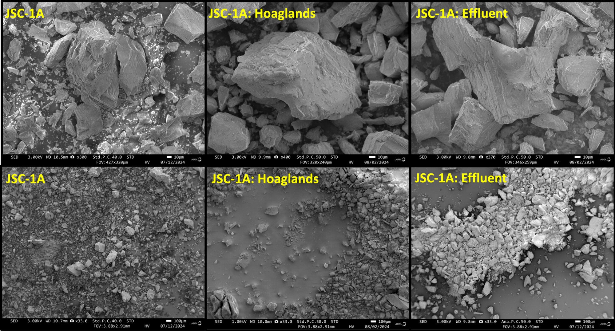 Lunar simulant JSC-1A imaged with scanning electron microscope (SEM). The electron beam energy ranged from 1 to 3 kV. The Hoagland’s and effluent images are after the 24 h batch experiment.