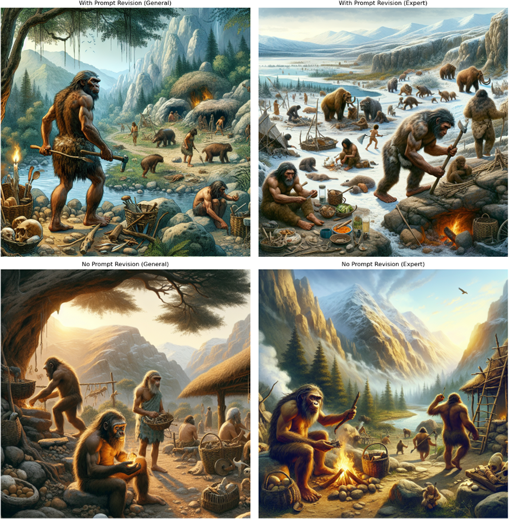  Images closest to average embedding from the four different prompts; clockwise from the top with prompt revision, with prompt revision (expert), no prompt revision (expert), and no prompt revision.