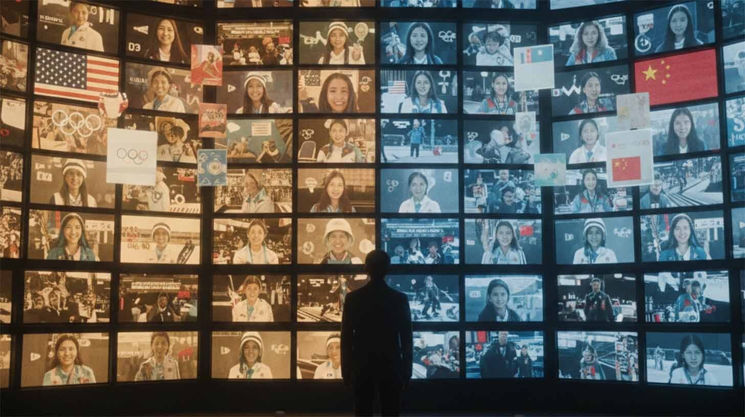 Concept photo of a person observing a wall of television screens displaying olympic games broadcasts, representing media influence on public opinion and societal manipulation.
