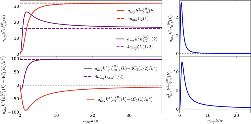 Analysis of momentum distribution nα,+(3b)(k) for three bound bosonic anyons with scattering length aany.