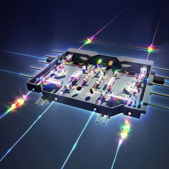 Novel quantum gate. A new heralded photonic gate entangles two four-level qudits, using orbital angular momentum instead of polarization.