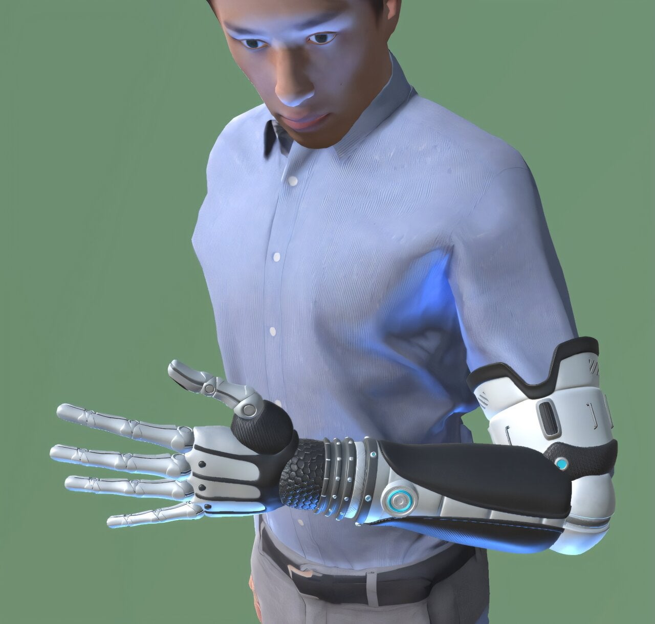 In virtual reality, participants embodied an avatar whose left forearm was replaced by an autonomous prosthetic arm that flexed toward a target at different movement speeds.