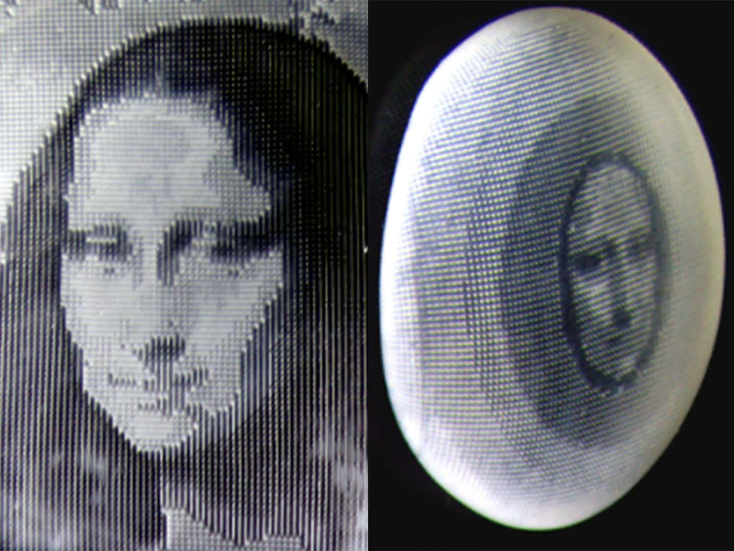 The team used their new printing method to encode a photo of the Mona Lisa onto their "smart skin" material (left). The photo, which can initially appear hidden in the material, can be revealed by stretching, exposure to heat, exposure to liquid or by adjusting the material from a 2D to a 3D shape (right).