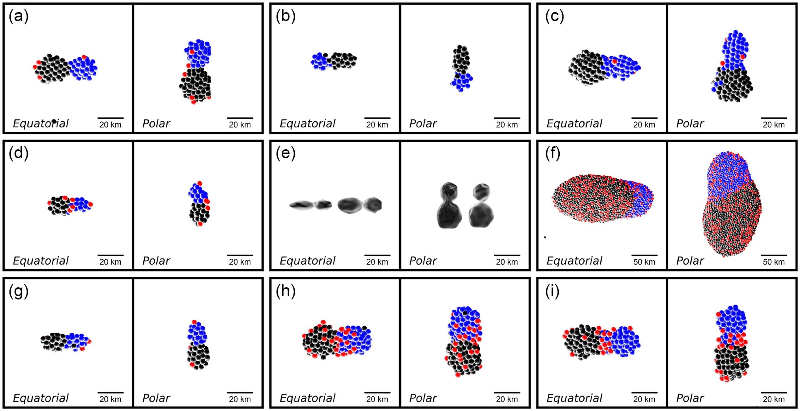 Several examples of contact binary planetesimals created using the PKDGRAV SSDEM (panels a–d and f–i) as well as two shape models of (486958) Arrokoth from J. T. Keane et al. (2022) (panel e, left) and S. B. Porter et al. in preparation, S. Porter et al. (2024) (panel e, right).