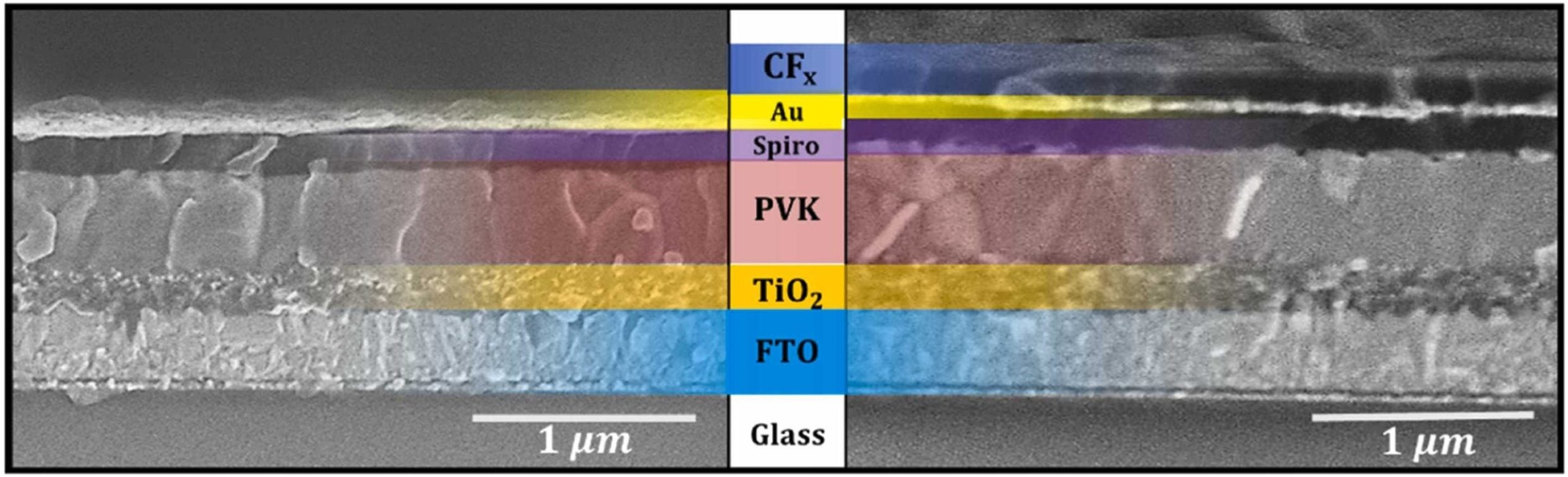 SEM micrographs corresponding to the cross-section views of reference (left) and CFx encapsulated PSCs (right)