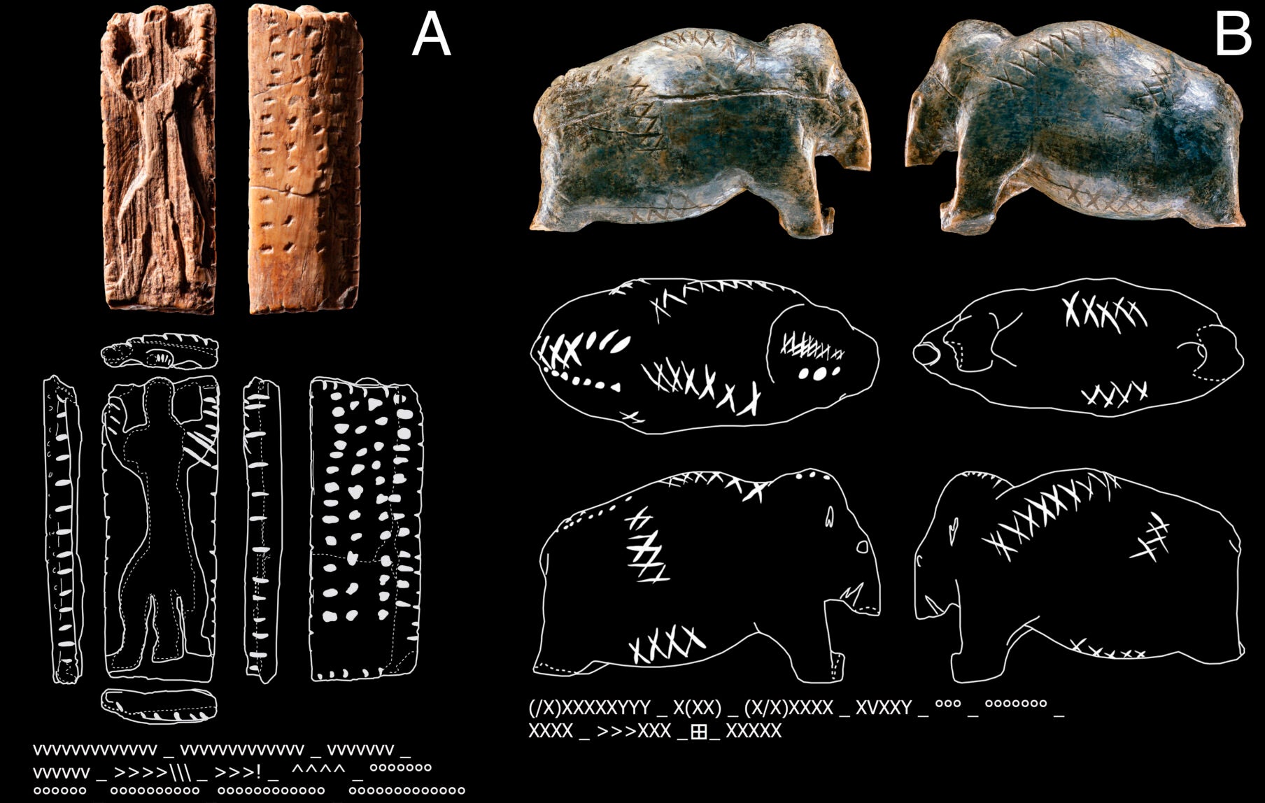 Mobile artifacts with geometric signs of the Swabian Aurignacian. (A) Plaquette with hybrid creature (so-called “Adorant”), ivory, Geissenklösterle (gkl0025), © Landesmuseum Württemberg, Hendrik Zweitasch. (B) Mammoth figurine, ivory, Vogelherd (vhc0145), © University of Tübingen, Juraj Lipták.