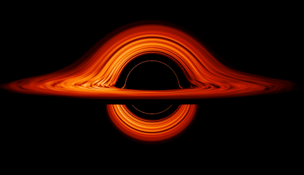Seen edge-on, the gas disk around a black hole looks eerily duplicated, as if two rings are stacked on top of each other. The black hole’s extreme gravity twists light from the far side, bending space so sharply that the hidden half shows up twice—both above and below it at the same time.
