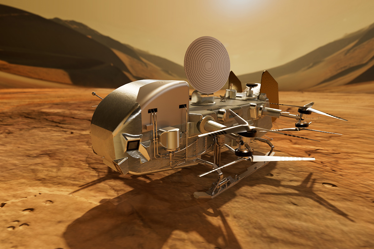 An updated render of the Dragonfly spacecraft