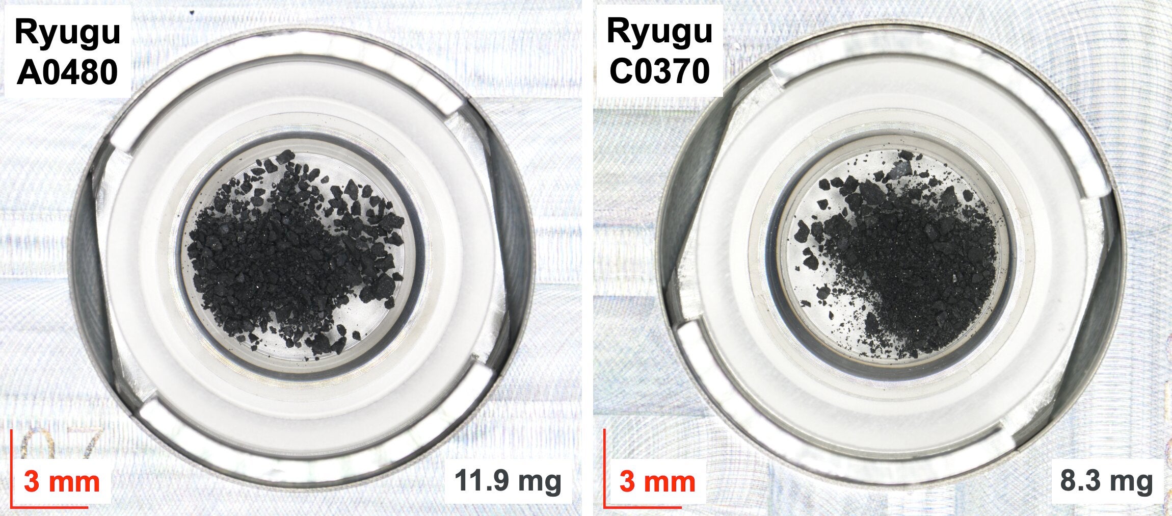 Microscope images of Ryugu samples collected from the first and second touchdown sites of the Hayabusa2 mission, respectively. 
