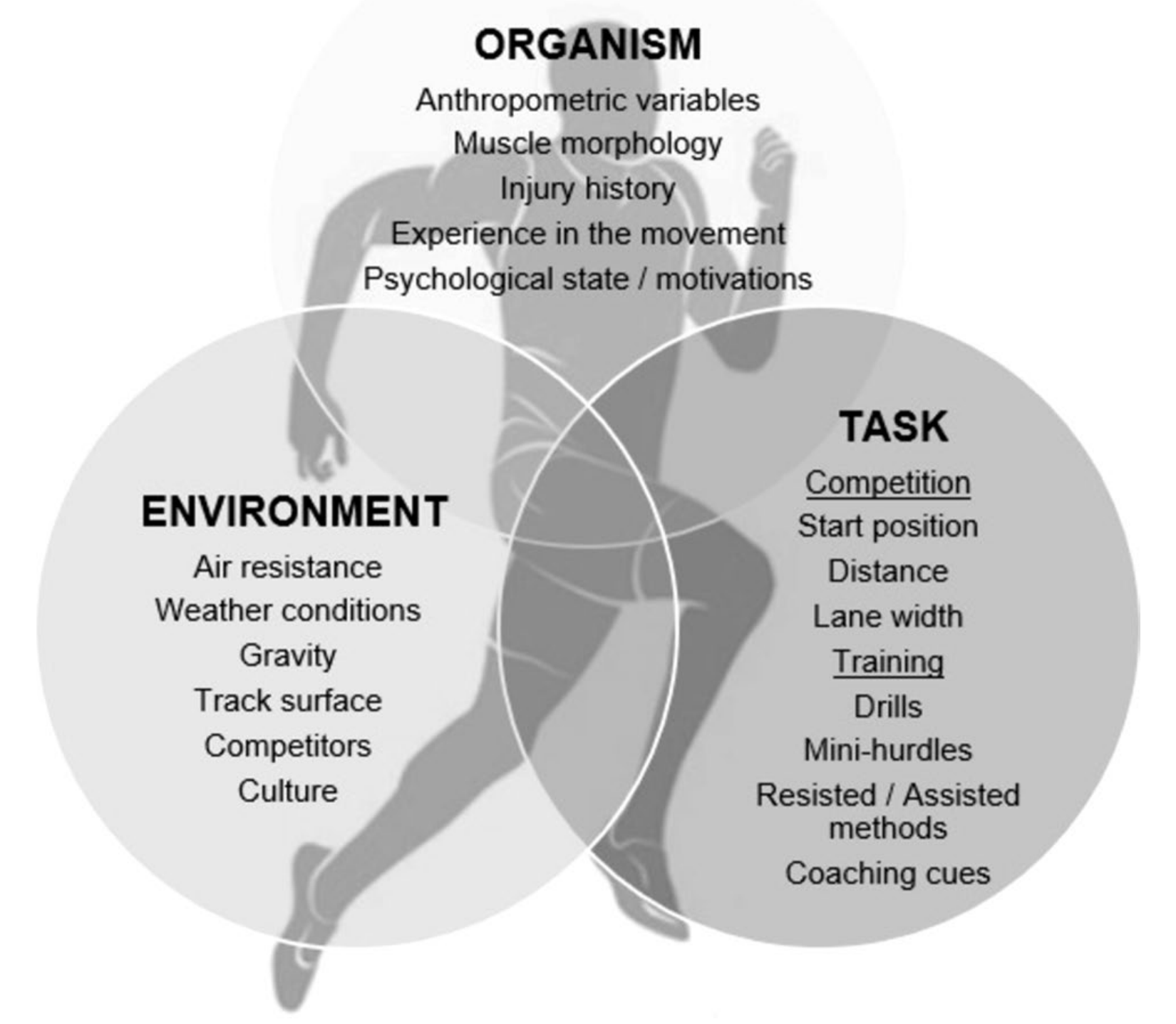 Schematic of the sources of constraints and boundary conditions to action within sprint running, which must be considered from the perspective of the athlete, rather than at the level of the description of the source. 
