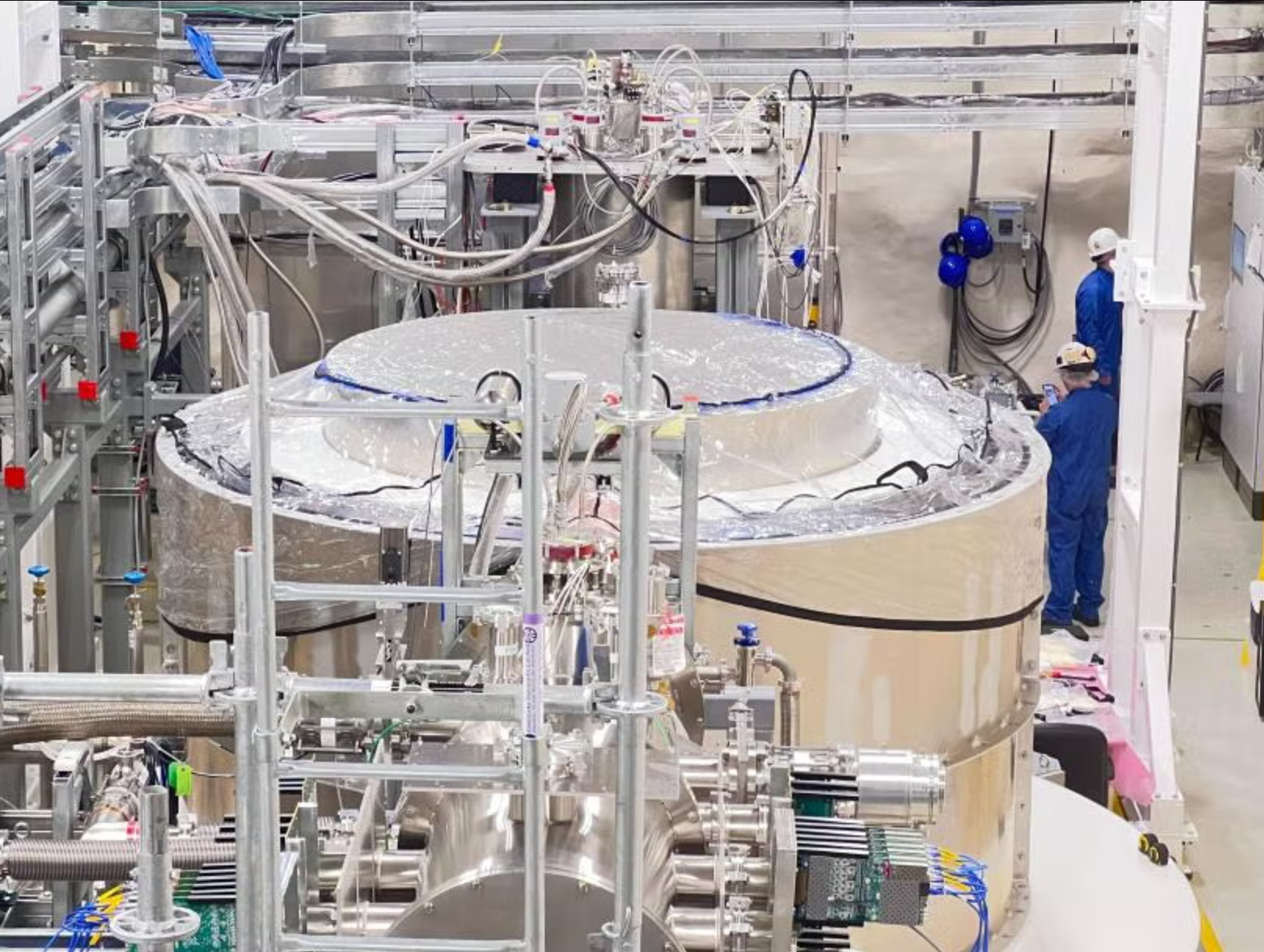 The current set-up of the SuperCDMS dark matter experiment, installed deep underground at SNOLAB in Sudbury, Canada. The detector array sits inside multiple layers of shielding and cryogenic systems designed to keep the sensors extremely cold and protected from background radiation. 