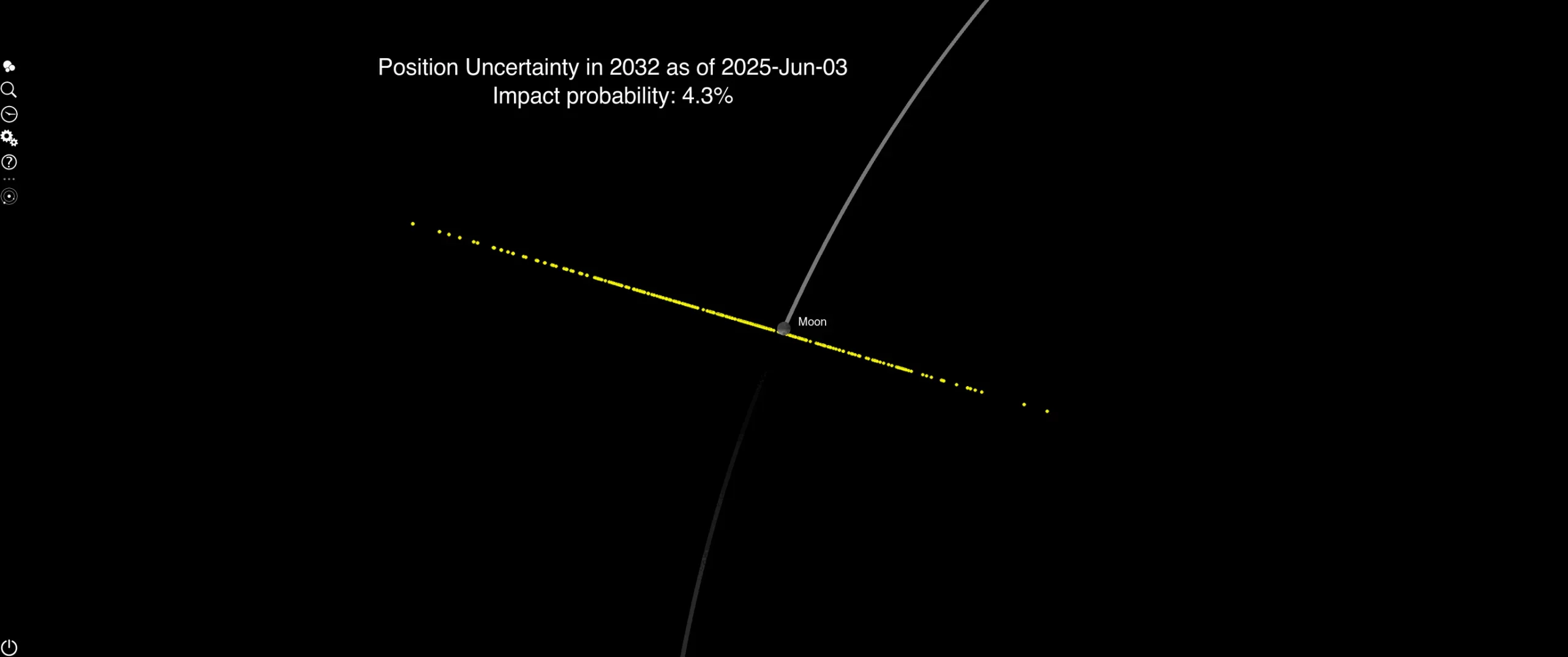 Animation of asteroid 2024 YR4’s potential locations on December 22, 2032. The animation demonstrates how the additional data from the February 2026 James Webb Space Telescope observations have increased the certainty of where the asteroid will be in the future and decreased the range of possible locations.