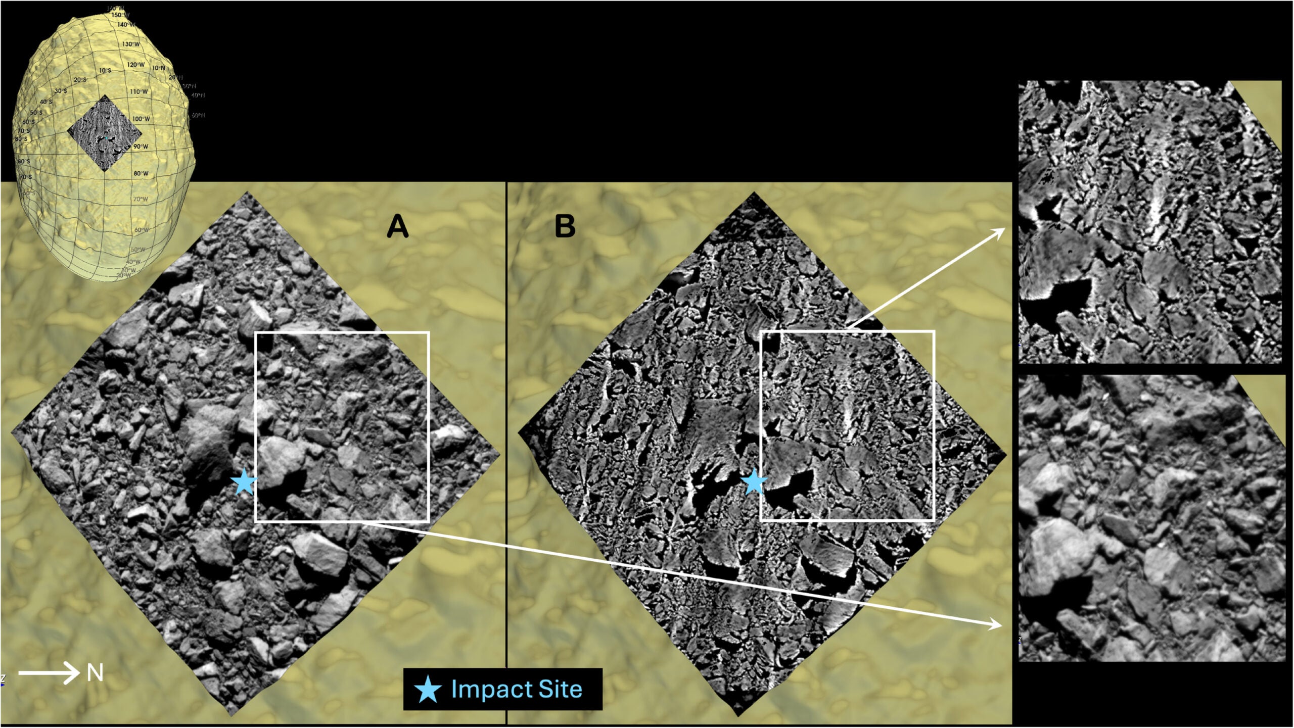 High-resolution comparison of brightness and normalized albedo images around the DART impact site. 