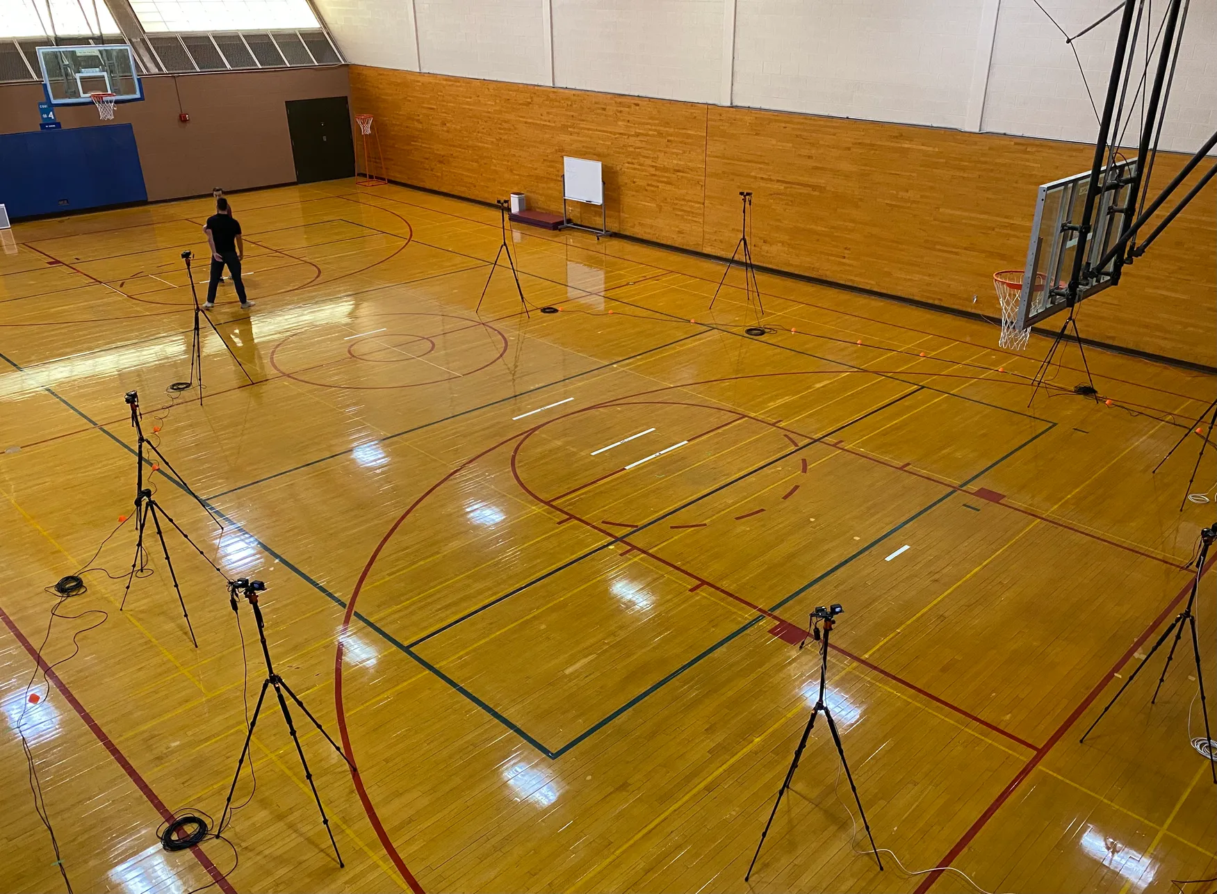 A photo of the testing setup, including a markerless motion capture system.