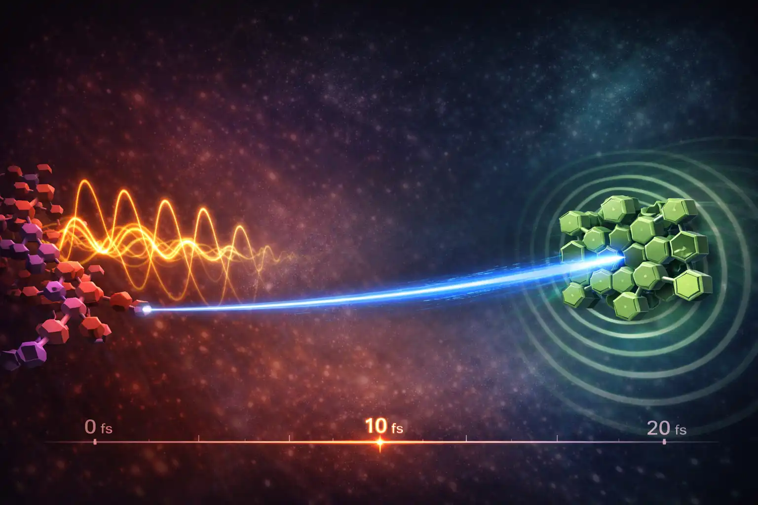 Artist’s illustration of the interplay of a vibrational mode in electron-transfer processes.
