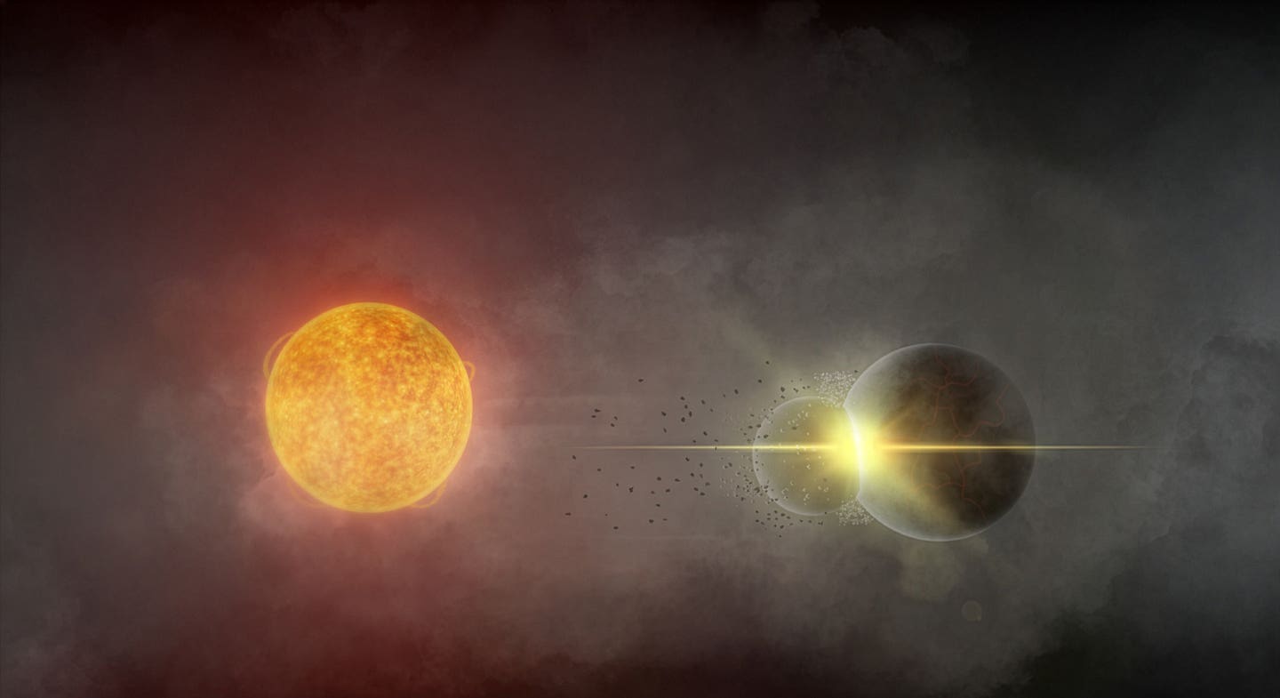 Lead author Andy Tzanidakis’ rendering of the planetary collision he suspects occurred around star Gaia20ehk in 2021.