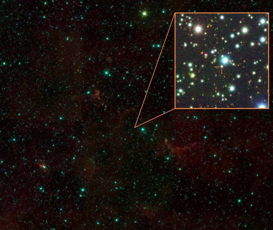Star Gaia20ehk — seen here in the center of the orange crosshairs in the inset image — is roughly 11,000 light-years from Earth, near the constellation Pupis.