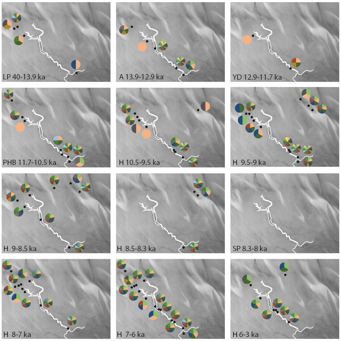 Pie charts indicate presence only of the 14 most influential plant guilds