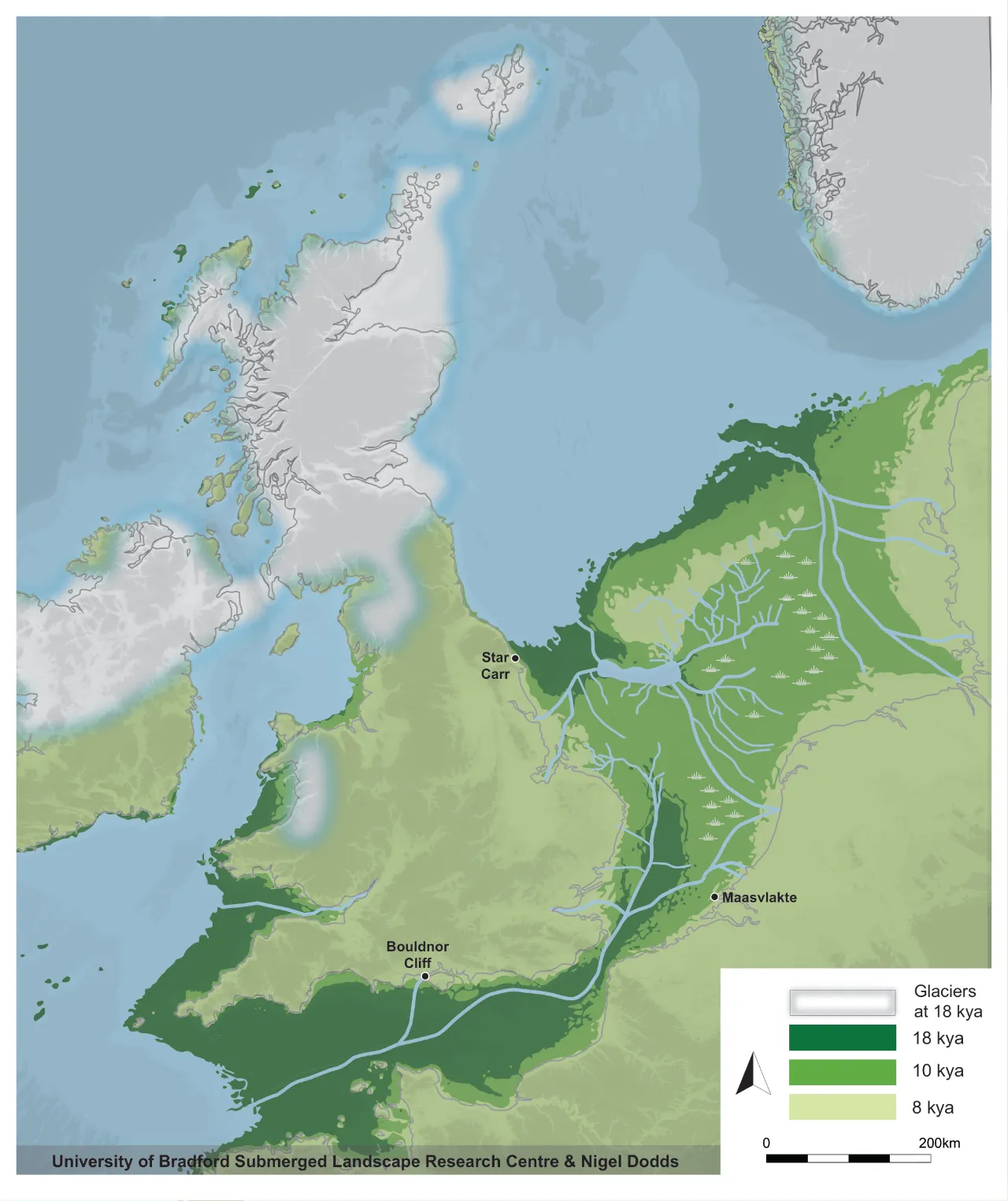 Doggerland landscape 18,000, 10,000 and 8,000 years ago.