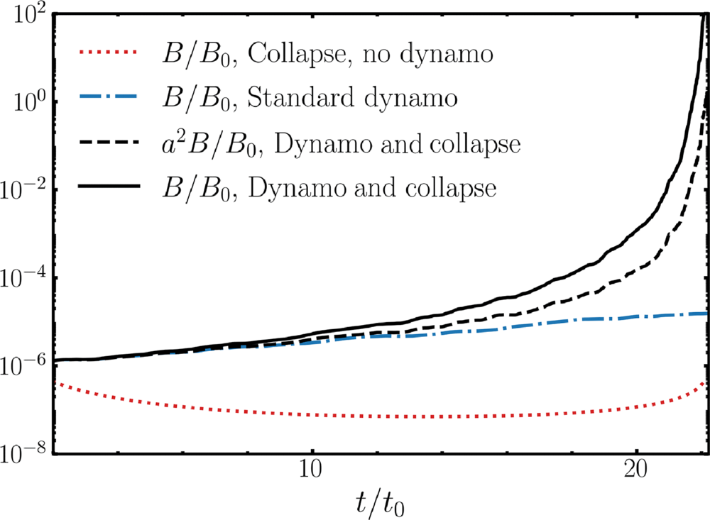 Comparison of magnetic field evolution in SSD with Re=Rm=415 for different cases. In the absence of collapse, there is exponential growth due to the standard dynamo (dash-dotted). With collapse (tff=50) and without forcing (dotted), there is no dynamo; flux freezing competes with resistive diffusion.