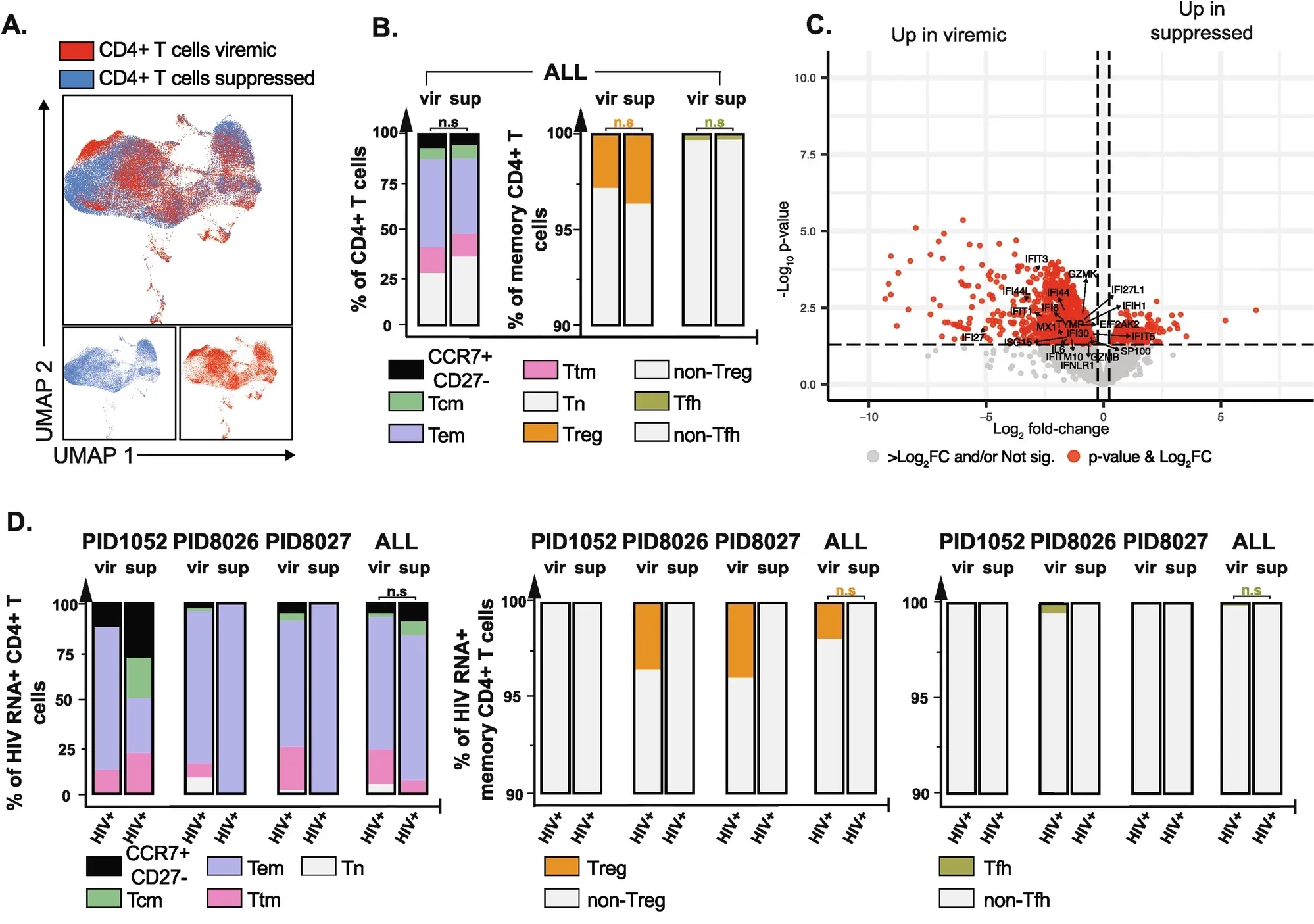 HIV RNA+ cells from viremic PWH exhibit a pro-inflammatory and anti-viral state while those from ART-suppressed PWH exhibit properties that favor senescence and HIV restriction.