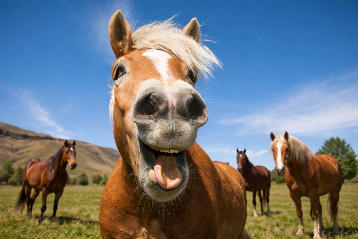 Horses whinny with two pitches at once, by vibrating vocal folds and whistling inside the larynx.