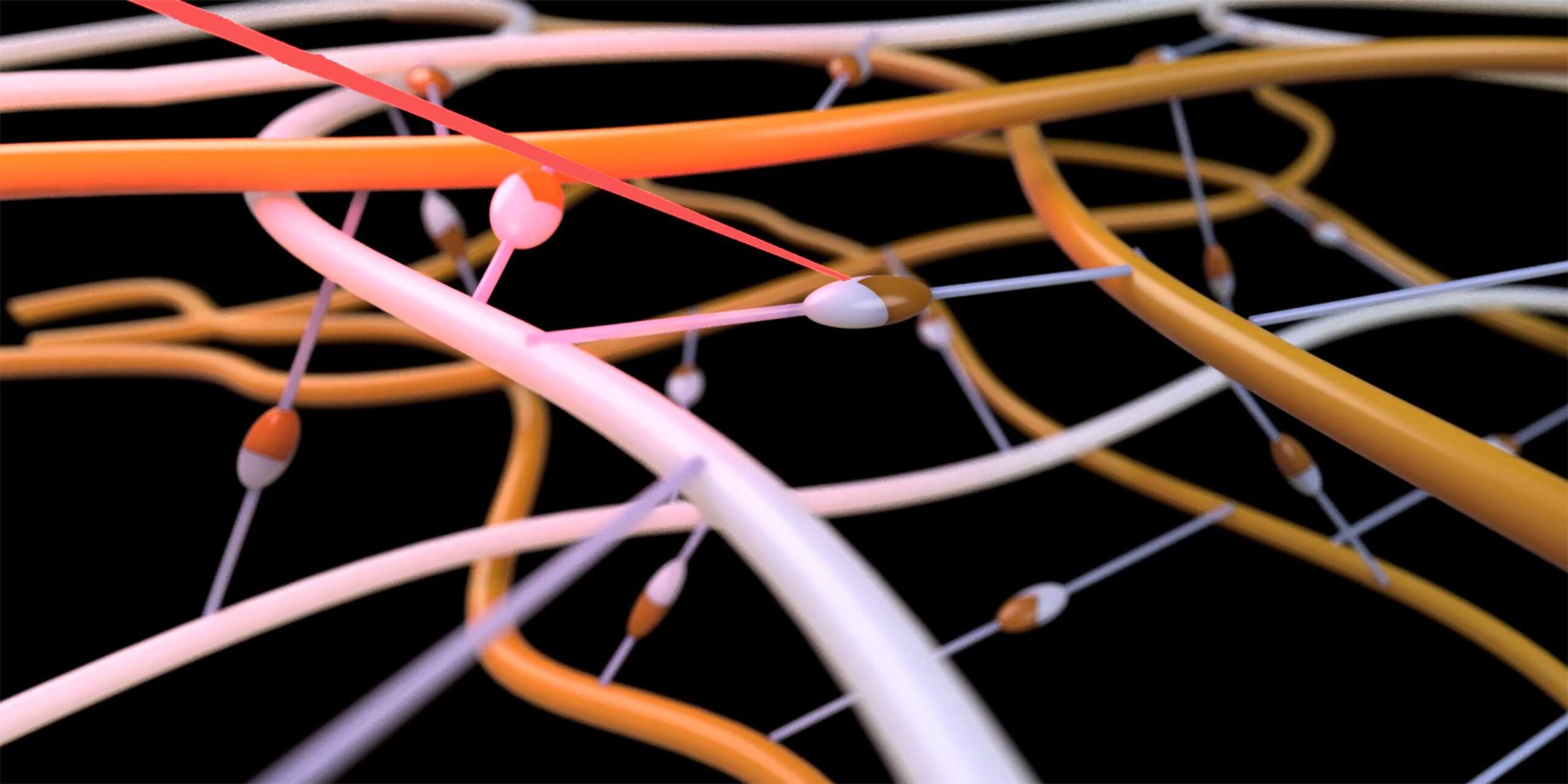 When the laser (red beam) hits the crosslinker molecule (whitish), it bonds with the surrounding polymer threads (orange).