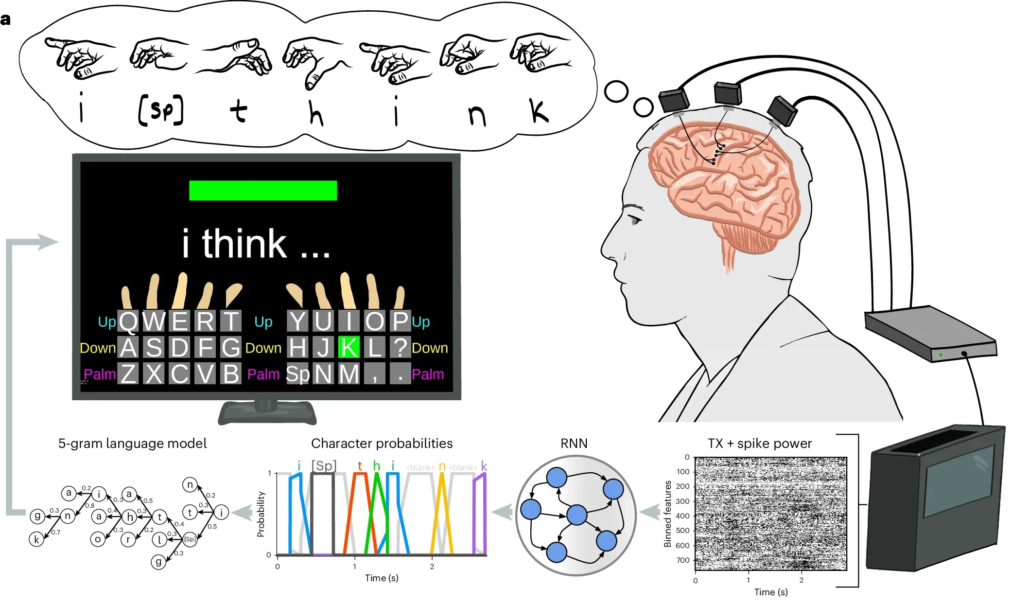 The iBCI bimanual QWERTY keyboard affords high-throughput communication. The keyboard layout closely mimics a QWERTY keyboard. Finger and text guides on the user interface aid in matching finger movements to keyboard characters. Sentences are constructed by the participant performing a series of finger movements corresponding to the keyboard layout shown.