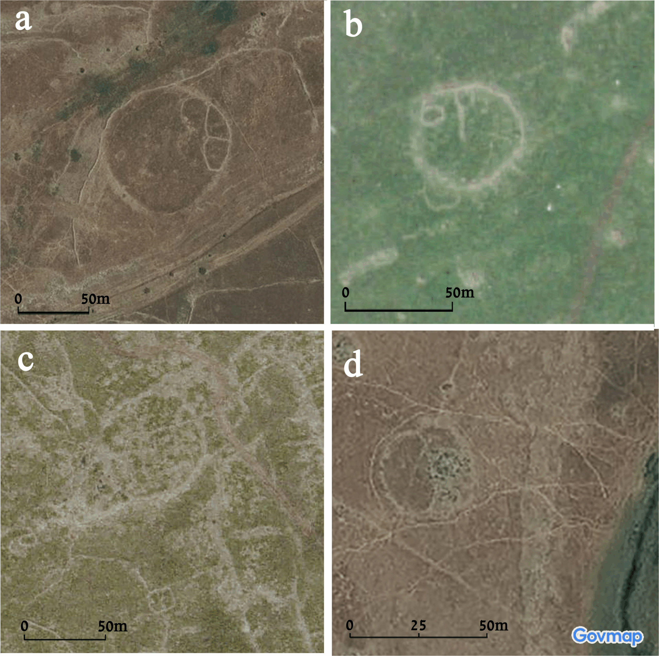 Aerial views of the four ‘simple’ circles: a) Circle 15, b) Circle 29, c) Circle 19, d) Circle 28. Aerial imagery provided by the survey of Israel (MAPI). 